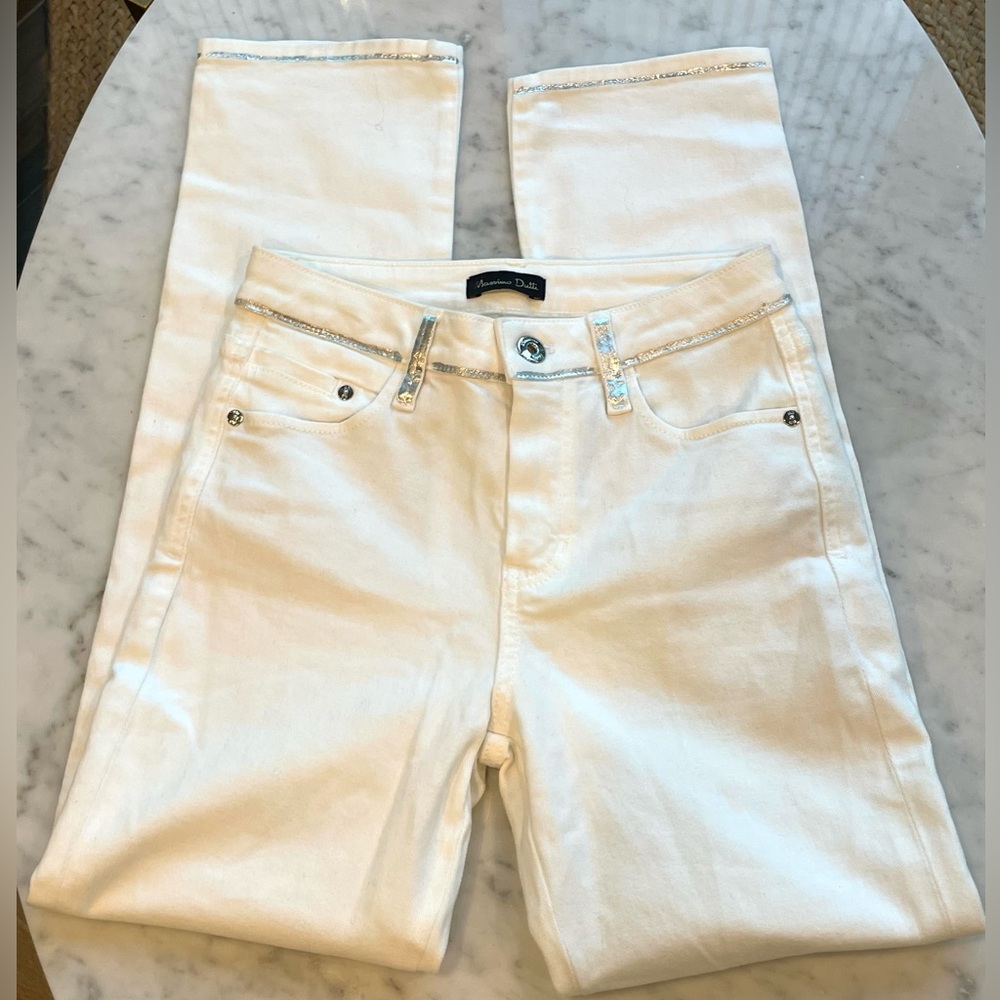 NWT Massimo Dutti Straight Leg Jeans, white w/silver trim, cropped, EU34 or US2